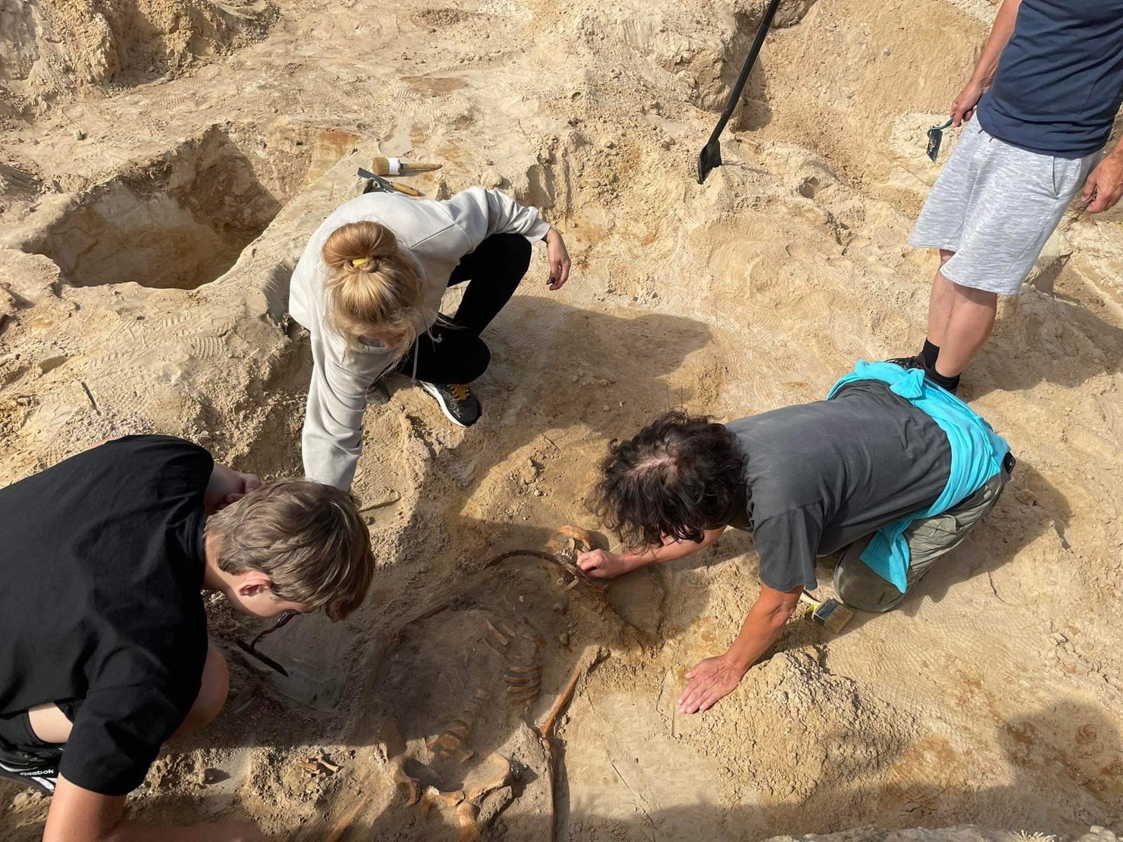 Archaeologists work around Grave 75 at Pień, with the excavated skeleton and sickle visible in their context.